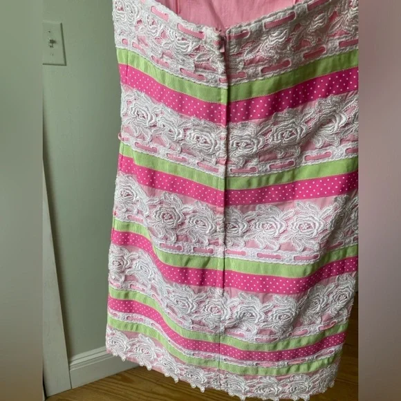 Lilly Pulitzer Dress 4 Strapless Pink Green White Lace Floral Polka Dot Ribbon - Picture 8 of 11